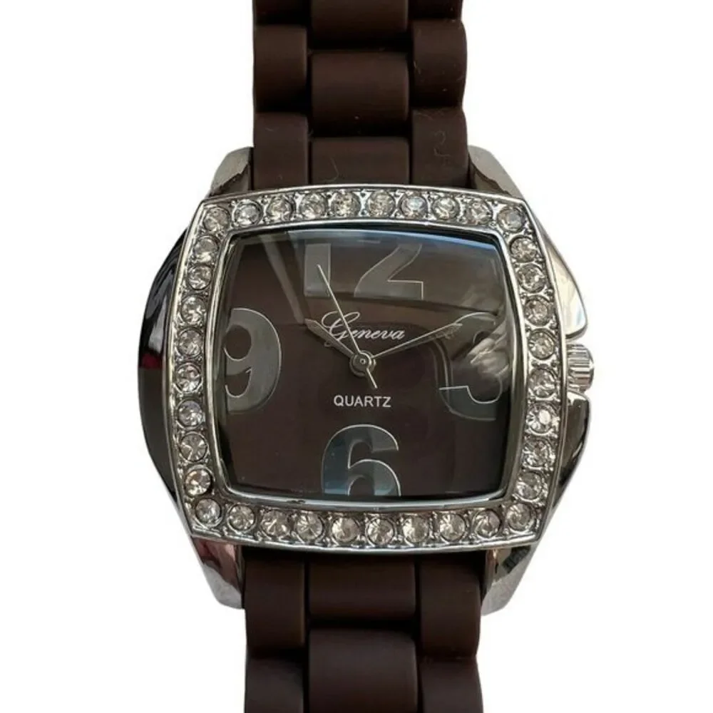 GENEVA P721 Women's Watch‎ Water Resistant Brown Silicone Band Brand New 9 in